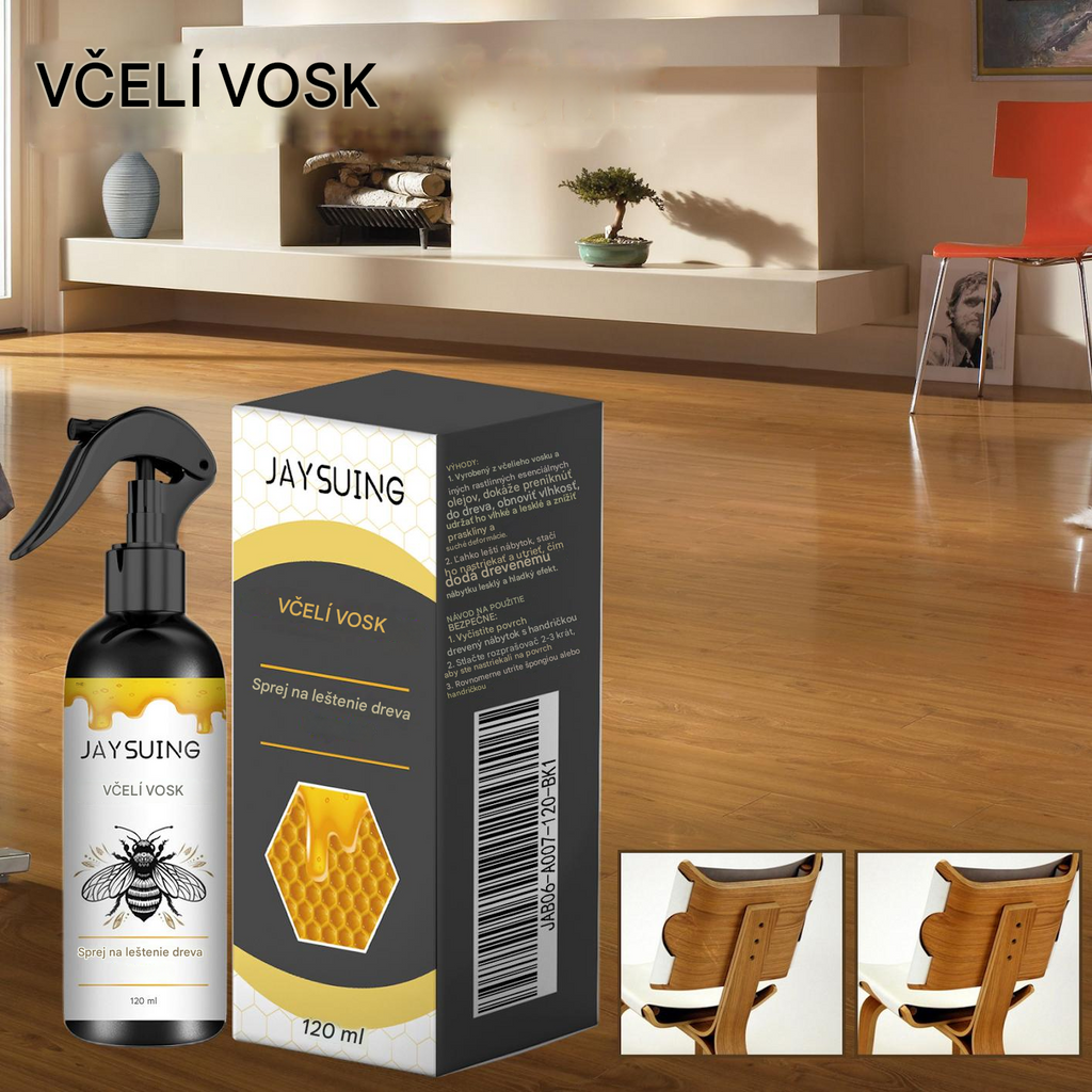 Leštící sprej na dřevo s včelím voskem pro údržbu nábytku a prevenci prasklin.
