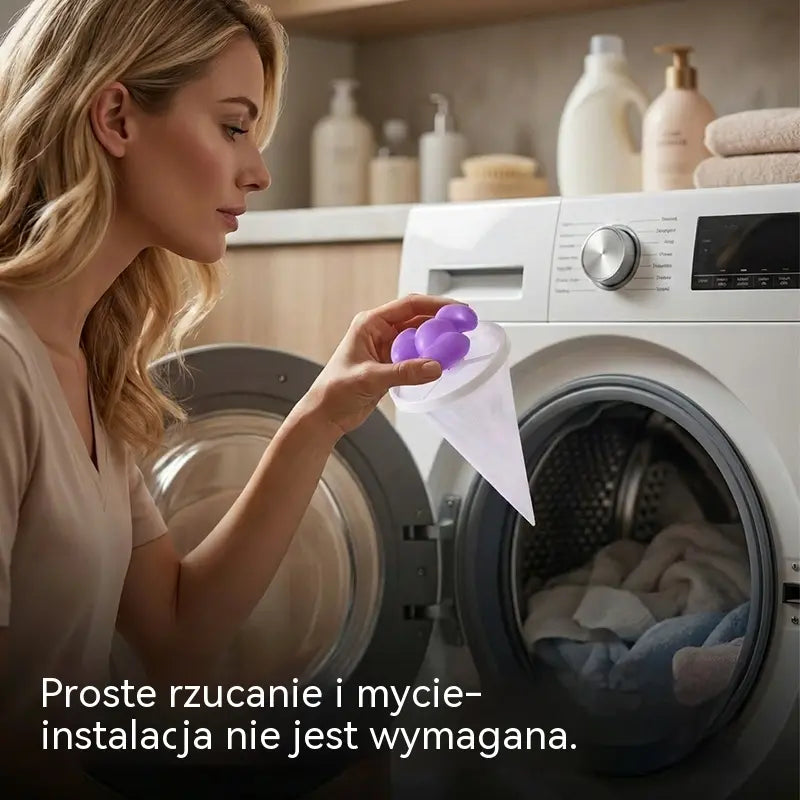 🧺 6 szt. za 99 zł 🐾 Koniec z sierścią na ubraniach! ✨ Pływający filtr do pralki usuwa włosy, kłaczki i sierść zwierząt podczas każdego prania