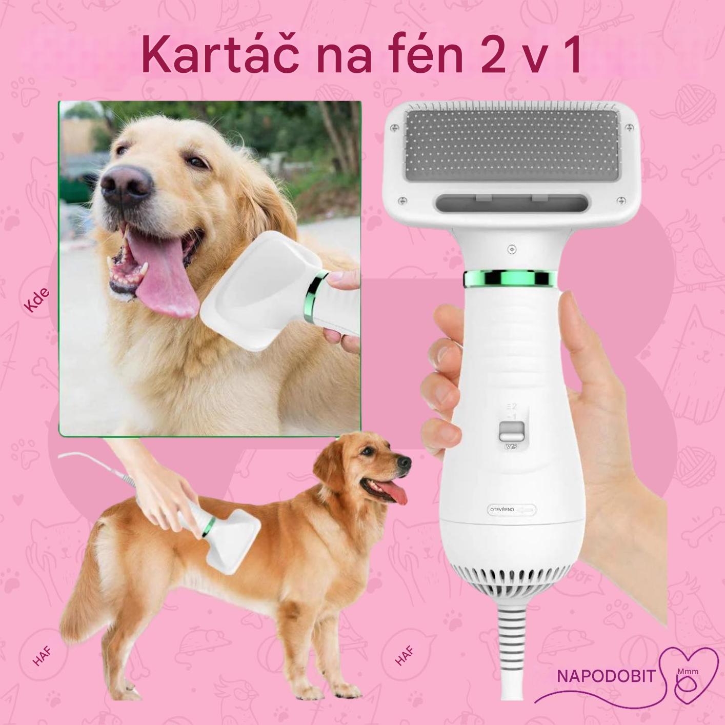 Hřeben na vysoušení zvířecích chlupů dva v jednom -- česání + fénování + čištění v jednom horkovzdušném hřebenu