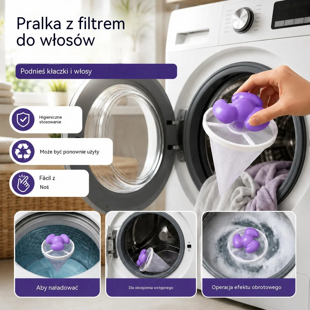 🧺 6 szt. za 99 zł 🐾 Koniec z sierścią na ubraniach! ✨ Pływający filtr do pralki usuwa włosy, kłaczki i sierść zwierząt podczas każdego prania