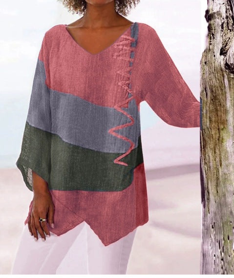 【S~5XL】Dámský elegantní ležérní top s výstřihem do V a dlouhým rukávem, uměleckým vzorem a potiskem