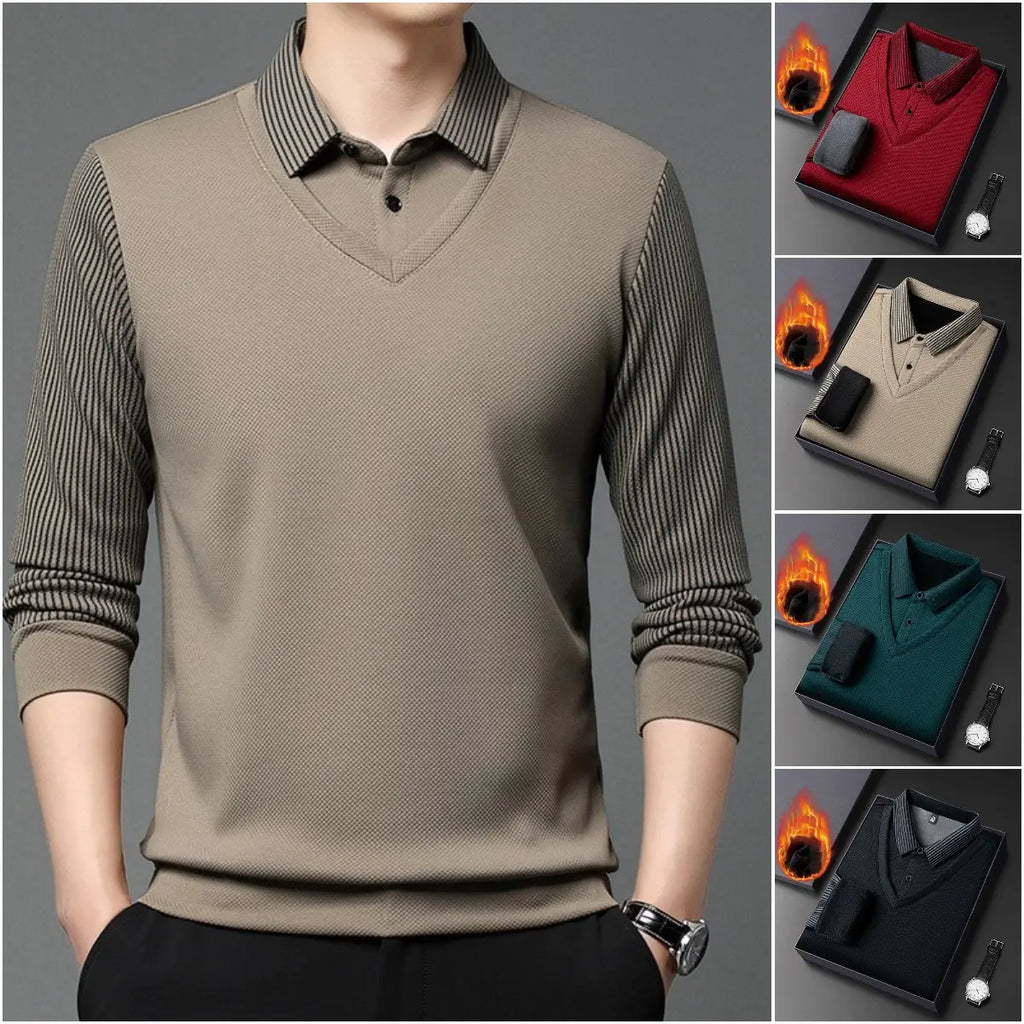 【M-4XL】Dwukolorowa koszulka POLO z paskami i efektem fałszywej warstwy