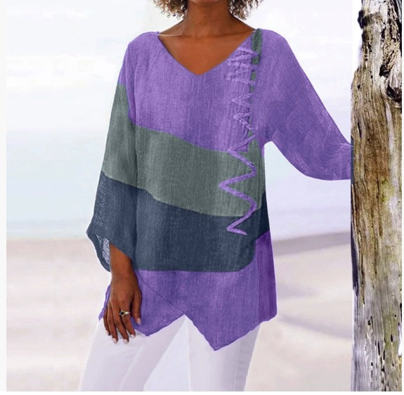 【S~5XL】Dámský elegantní ležérní top s výstřihem do V a dlouhým rukávem, uměleckým vzorem a potiskem